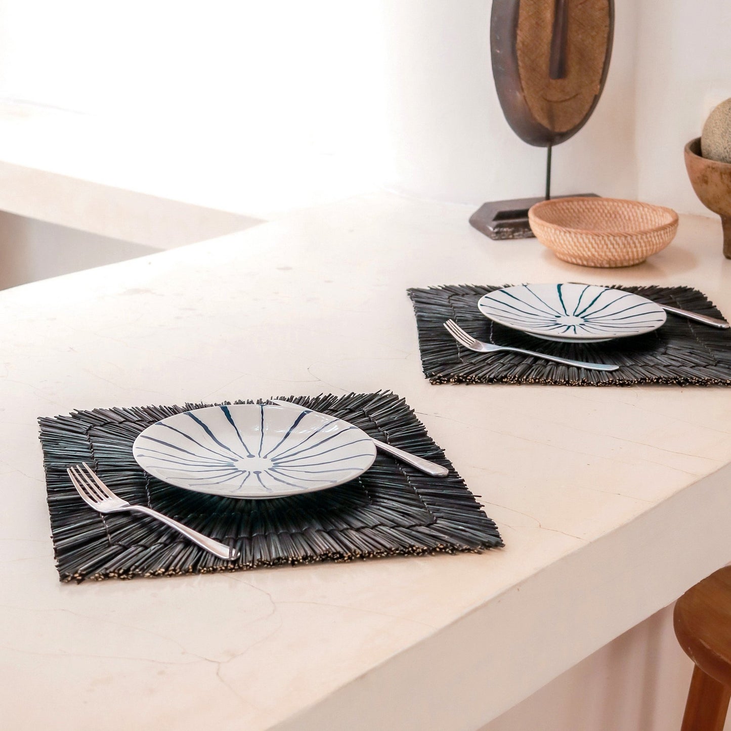 Zwarte Zeegras Placemat (Set van 2, 4 of 6) 36 cm | Rechthoekig Vierkant Tafelkleed VARNA (zwart)