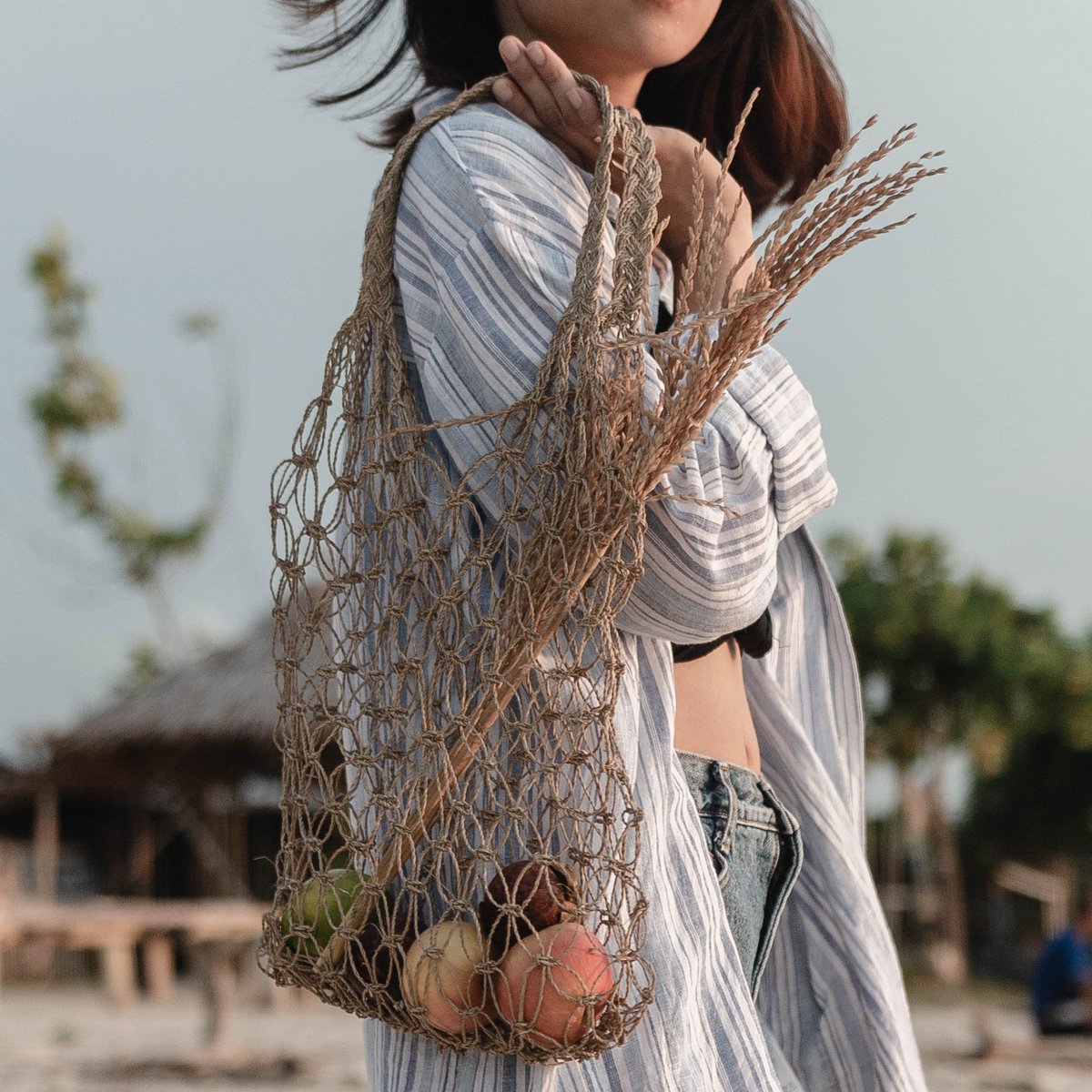 Raffia touwtas | Handgeweven herbruikbare boodschappentas Lichte draagtas | Handgeweven boodschappentas JEMARI