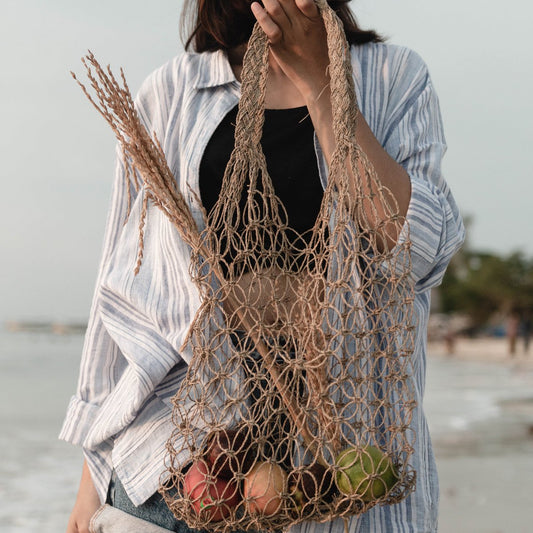 Raffia touwtas | Handgeweven herbruikbare boodschappentas Lichte draagtas | Handgeweven boodschappentas JEMARI